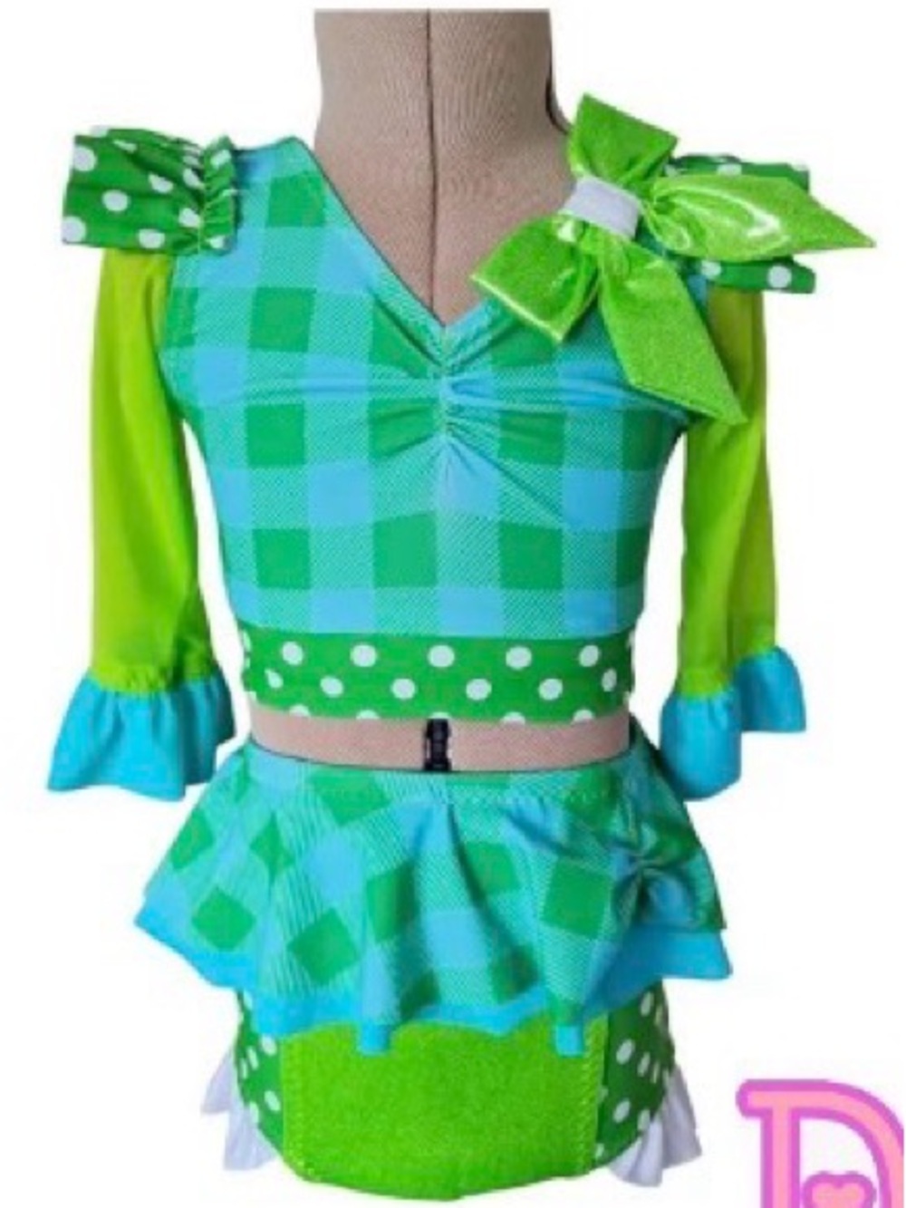 Little Londyn- Lime & Aqua Plaid Dance Costume with Polka Dot Trim